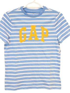 3/$25 🏷 GAP Blue & White Striped Tee with Yellow Logo Size 10 BNWT